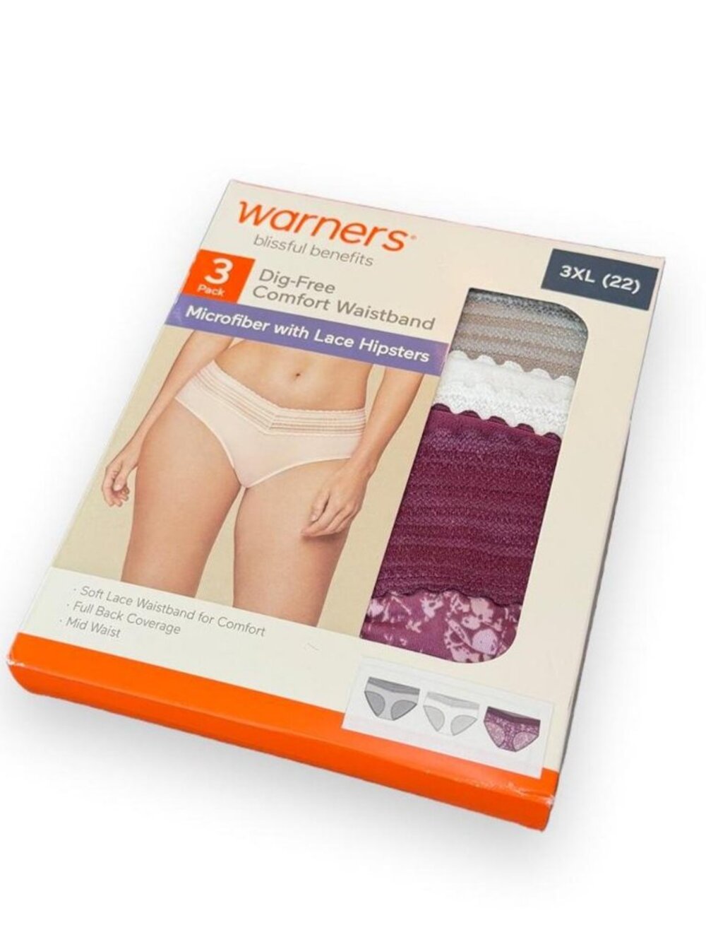 Warner's Blissful Benefits 3-Pack Microfiber Lace Hipsters 3XL NIB